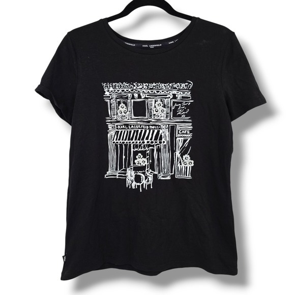 Karl‎ Lagerfeld 3D Flower Paris Graphic Tee Cafe Print Short Sleeve Black S - Picture 1 of 8